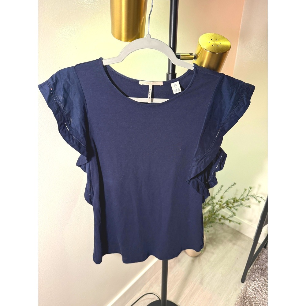 Scotch & Soda Les Filles Navy Blue Ruffle Sleeve Eyelet Lace Cotton Tee Top XS